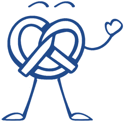 La mascota de prekas, un pretzel con forma de corazón, saludando